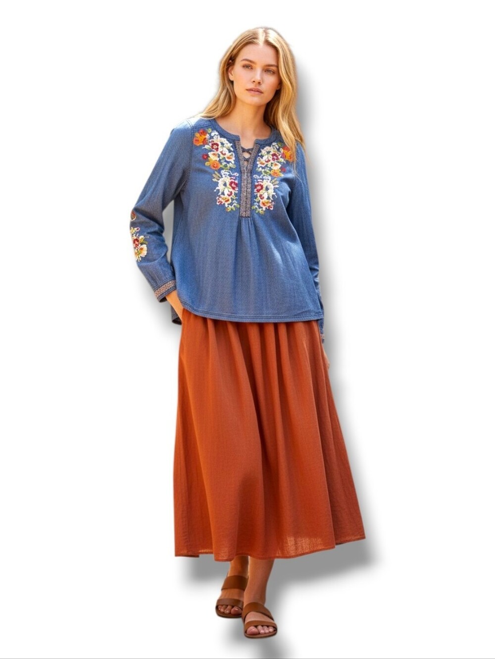 NWOT Sundance Denim Chambray Embroidered Blouse, Size Medium